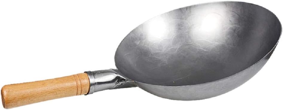 Moca FactoryAuthentic Hand Hammered Wok, Carbon Steel Chinese Pow Wok, Traditional Round Bottom Wok With Germany Red Beech Wooden Handle, Stir Fry Pan (Diameter 14")