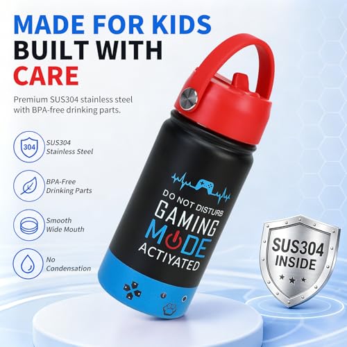 Image of Kids Insulated Water Bottle with Straw Lid, 14oz Double Wall Vacuum Stainless Steel Tumbler, Leak Proof Reusable Metal School Cup for Boys Girls, Keep Cold 24H Hot 12H (Blue-Red-A(Pack 2))