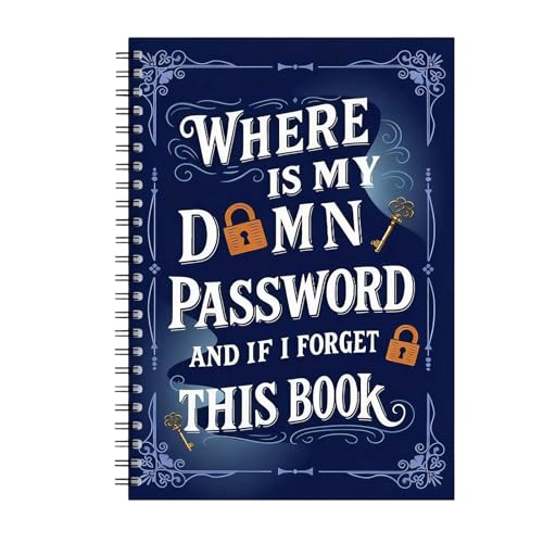 Password Keeper Notebook, Spiral Bound Password Organizer Book, Navy Blue with Lock and Key Design, 5.7 x 8.26 Inches