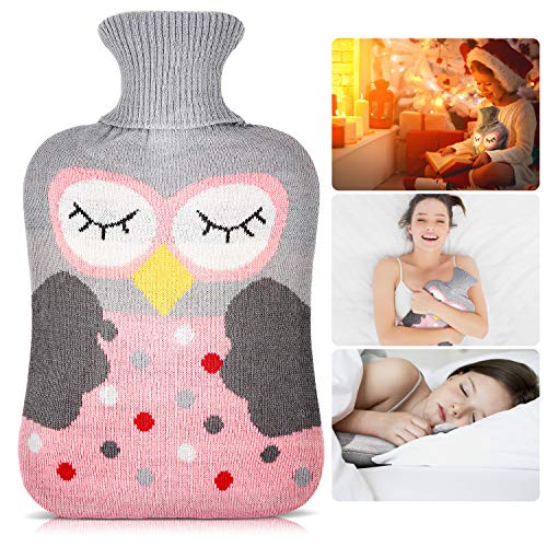 Bolsa de Agua Caliente Bolsa Calor Hot Water Bag con Fundas Tejidas 2L Natural Goma Agua Caliente Bolsa Perfecto para Noches FríAs de Invierno(Gris)