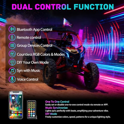 Image of Nilight LED Whip Light 1 PC 2FT COB RGB Spiral Lighted Antenna with Spring Base, Bluetooth App & Remote Control DIY Chasing Patterns & Music Sync Safety Whips for ATV UTV RZR Polaris Can-Am Truck