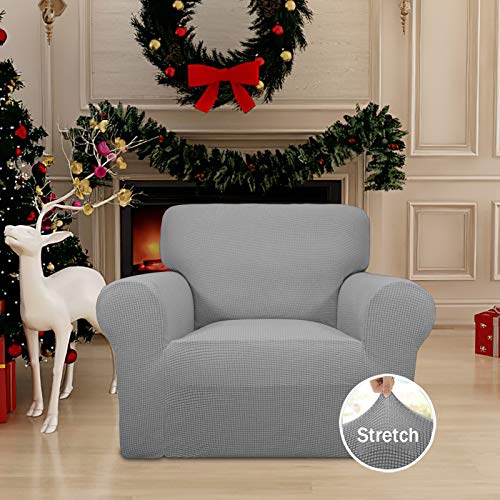 Image of Easy-Going Stretch Chair Sofa Slipcover 1-Piece Couch Sofa Cover Furniture Protector Soft with Elastic Bottom for Kids, Pet. Spandex Jacquard Fabric Small Checks (Chair, Light Gray)