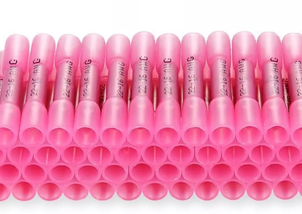 100 Pcs Heat Shrink Butt Wire Connectors for 22–10 AWG Crimping Terminals - Red (22-16 AWG)