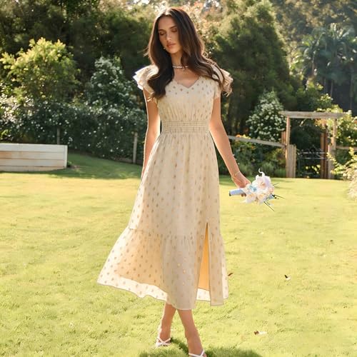 Image of GRACE KARIN 2026 Womens Summer Dresses V Neck Ruffle Sleeve Floral Boho Beach Dress A-Line Swing Midi Wedding Guest Sundress