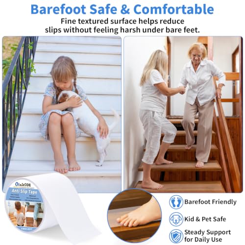 Image of Oleitodh Clear Non-Slip Tape, 4In x 60Ft, Transparent Safety Grip | Non Slip Traction Tape for Stairs, Wet Surfaces, Bathroom Entry, Boat, Outdoor Steps. Invisible, Comfortable Barefoot Texture