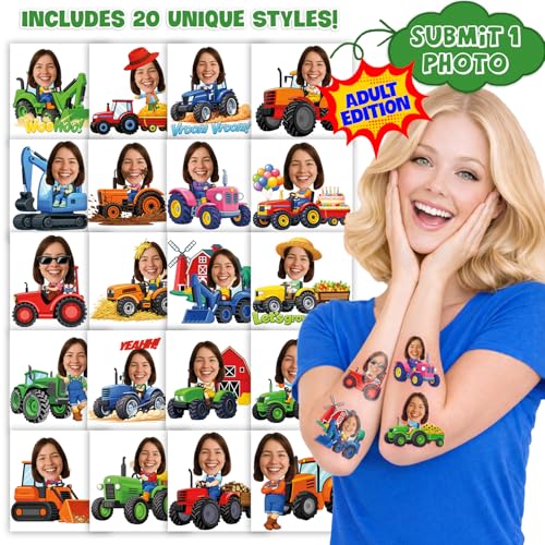 Image of Custom Tractor Temporary Tattoos for Kids, Set of 20 | Personalized Pre-Cut Face Photo, Birthday Party Favors, For Boys Girls, Tractor Lovers