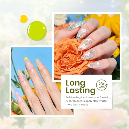 Image of Beetles Summer Gel Nail Polish Set, Yellow Coral Green Glitter Pastel Gel Polish with Bees Stickers 6 Color Buzzy Field Theme for Nail Art Gift for Women