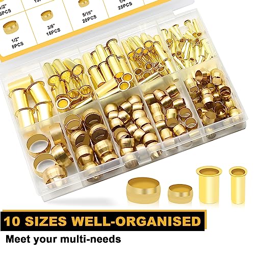 Image of Siptenk 180PCS Brass Compression Sleeves Ferrules & Inserts for Air Fitting | 5 Sizes 1 /2 inch 3 /8 inch 5 /16 inch 1 /4 inch 3 /16 inch Tubing Insert Brass Ferrule Kit lines for Air, Water, Fuel, Oil and Inert Gases