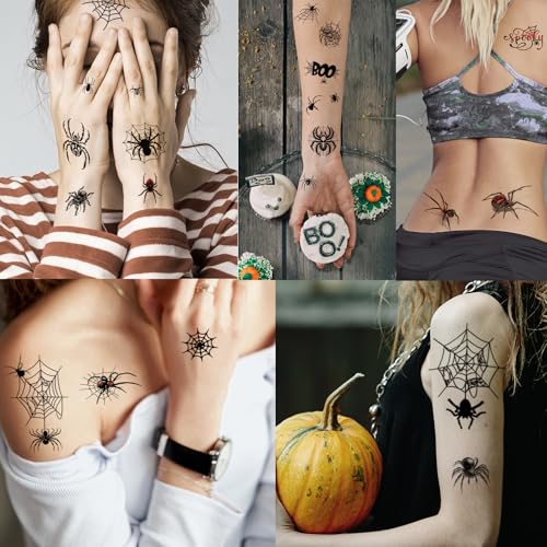 Image of 30 Sheets 200+ PCS Halloween Face Tattoos Realistic 3D Spider Web Fake Tattoos for Kids Halloween Temporary Tattoos,Halloween Spider Web Temporary Tattoos Halloween Makeup Kit for Women Adults