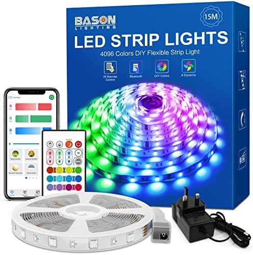 Bluetooth LED Strip Lights 15m, Bason Smart 50ft LED Strips with Remote Color Changing RGB LED Lights App Control Music Sync for Bedroom, Home, Party, Bar Christmas Halloween Decoration
