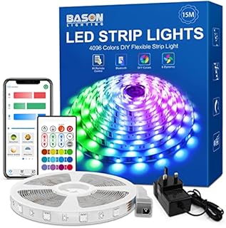 Bluetooth LED Strip Lights 15m, Bason Smart 50ft LED Strips with Remote Color Changing RGB LED Lights App Control Music Sync for Bedroom, Home, Party, Bar Christmas Halloween Decoration