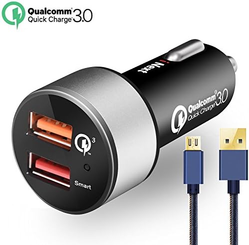 Quick Charge 3.0 Dual USB Car Charger, Quick Charge 3.0 for Samsung Galaxy S8 S7 Edge Note 8 LG Nexus, Smart Ports 2.4A Fast Charge for iPhone X/ 8/7 / 6s / Plus, iPad + 4ft Jean Micro USB Cable
