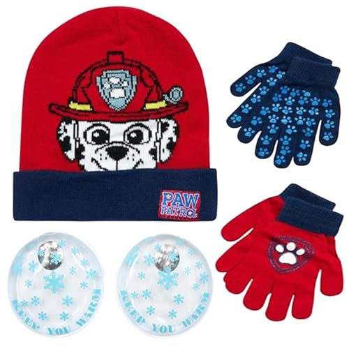 Image of Nicklelodeon Paw Patrol Boy's Winter Hat and 2 Pair of Gloves or Mittens Set (Toddler /Little Boys) Size Age 4-7, Paw Patrol Reversible Glove with Handwarmers