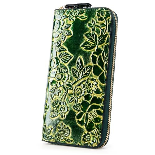 Embossed Wallets for Women Vintage Womens Wallets Floral PU Leather Zipper Card Holder Phone Checkbook Organizer(Green J6109)