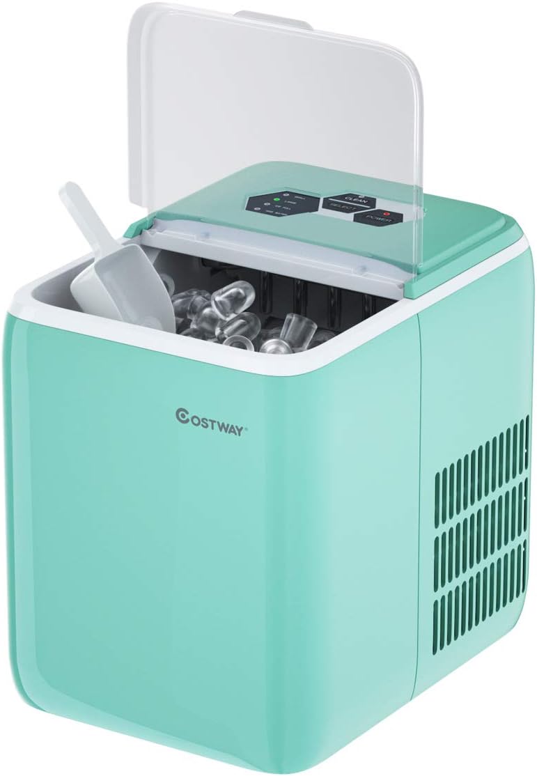Ice maker with lid open, showing water reservoir