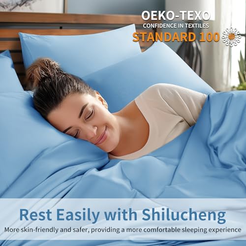 Image of Shilucheng 6 Piece California King Sheet Sets, Cooling Sheets, Blend Rayon Derived from Bamboo, Deep Pocket Up to 16 inch, Breathable & Soft Bed Sheets, Hotel Silky Bedding Set, Lake Blue