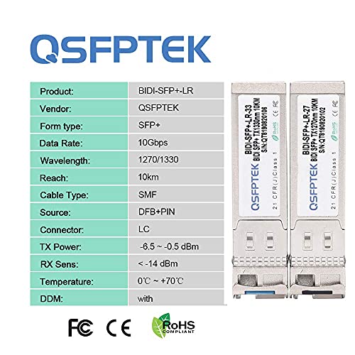 Image of 1 Pair 10G SFP+ Bidi Transceivers, SFP Single Mode LC 10g Module, 10Gb Bi-Directional Mini gbic for Cisco SFP-10G-BXD-I (1330nm-TX /1270nm-RX) / SFP-10G-BXU-I (1270nm-TX /1330nm-RX),10KM, with DDM