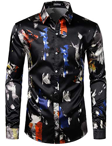Image of ZEROYAA Men's Luxury Printed Silk Like Satin Button Down Dress Shirt for Party Prom