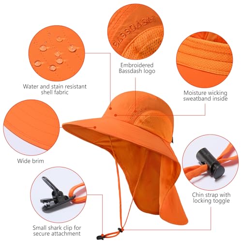 Image of BASSDASH UPF 50+ Unisex Water Resistant Wide Brim Sun Hat with Large Neck Flap Ponytail Fishing Hat for Men Women