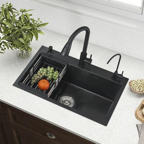 Evier Inox avec Egouttoir et évier mobile,lavabo cuisine avecavec Trous pour Robinets et Distributeur de Savon Panier à vaisselle 1 pc55*45 * 20cm Noir