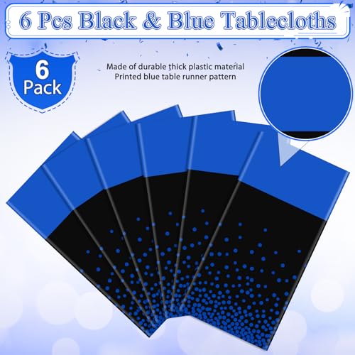 Image of MASHAN 6Pcs Black and Blue Tablecloth Party Decorations,Plastic Black Table Cloth Printed Blue Runner Disposable Rectangle Table Cover for Birthday Wedding Anniversary Graduation Party,54 x108 Inch