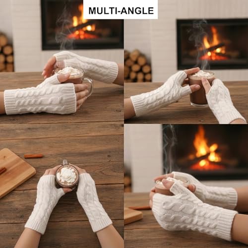 Image of Kraptick Women's Cable Knit Fingerless Gloves - Winter Soft Woolen Arm Warmers with Thumb Hole - Thermal Half Finger Mittens for Typing, Driving & Texting (Free Size, Khaki)