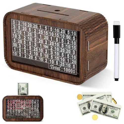 Giftota NewYear Gift 1000 Piggy Bank for Boys Girls - Fully Assembled Wooden Money Saving Challenge Box - Money Bank with Counter and Dry Erase Pen - Kakeibo Money Box for Cash Coin - Best Gift
