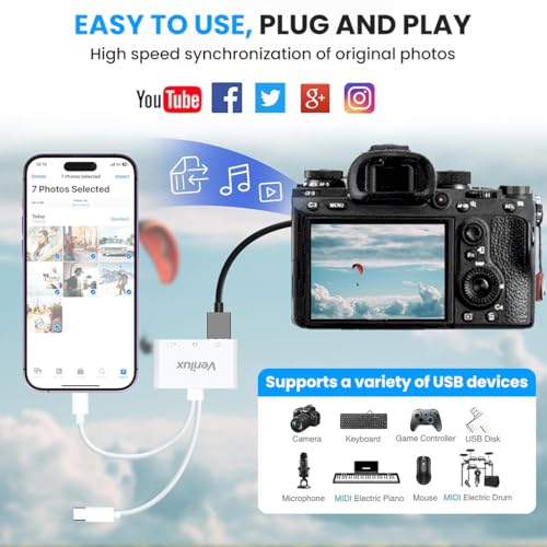 Image of Verilux 3 in 2 Lighting to Type C Audio & Charging Adapter, Type-C Connector with USB-C /Lighting to USB 3.0 /3.5mm Audio /USB-C Connector for iPhone 17 /16 /15 /Plus /Pro /Max, Galaxy S26 /S25, Flash Drive