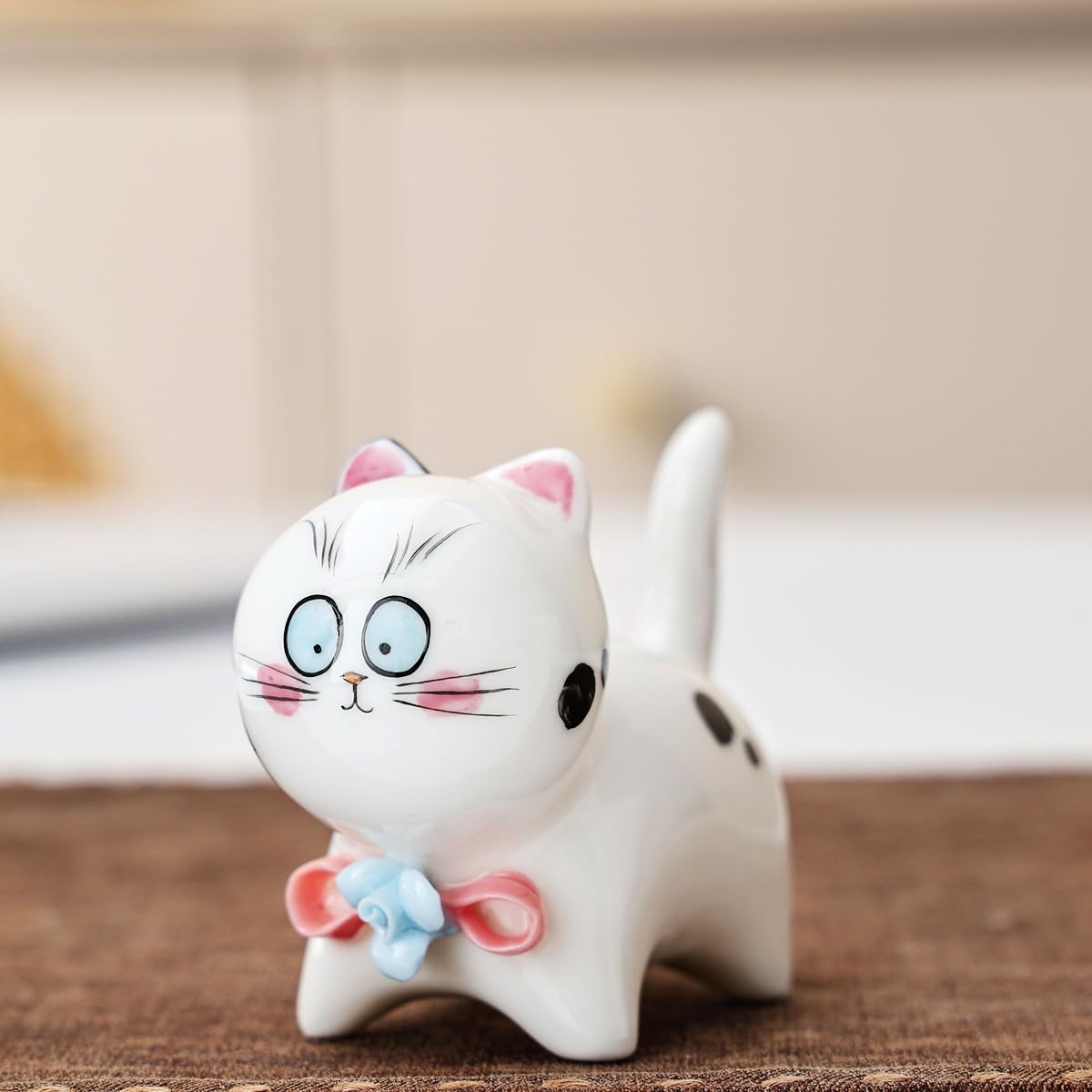 Handmade Ceramic Cat Figurine, Cute Lucky Healing Cat Decor for Cat Lovers Men & Women for Office Desks, Bookshelves, Nightstands, Living Rooms & Other Home, Valentine’s Day Gift Etc - Cat Decoration