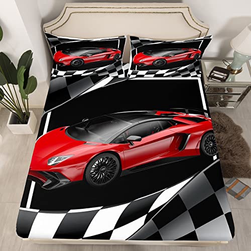 Racing Car Bed Sheets,Cool Speed Race Car Bedding Set Twin Size For Kids Boys Girls Teens Bedroom,Automobile Extreme Sports Sheet Set,Black And White Grid Flag Print Fitted Sheet,Lightweight #TOP1