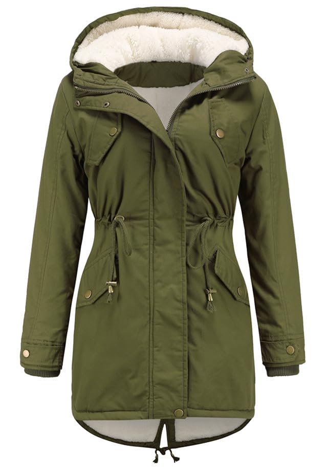 Miaikvs Damen Parka mit Kapuze Fleece gefüttert Winter gepolstert winddicht warm(grün,XL)