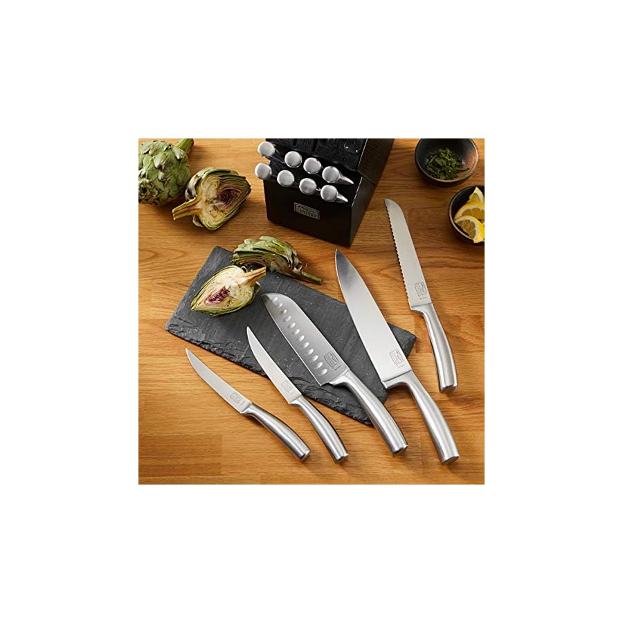 Chicago-Cutlery-Malden-16-Piece-Stainless-Steel-Kitchen-Knife-Set-that-Resists-Rust-Stains-and-Pitting-Kitchen-Knife-Block-Set-with Chicago Cutlery Malden (16-PC) Kitchen Knife Block Set With Wooden Block & Built-In Sharpener, Contoured Handles and Sharp Stainless Steel Professional Chef Knife Set & Scissors