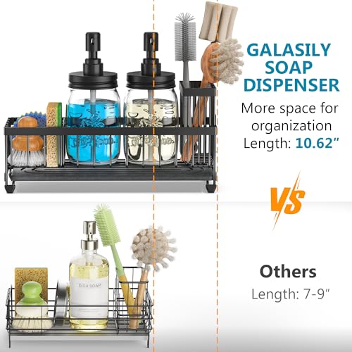 Image of Galasily Mason Jar 16 oz Liquid Soap Dispensers Set with Large Kitchen Sink Caddy, Black Rustproof Stainless Steel Pump, Refill Hand Soap, Dish Soap, Vintage Farmhouse Decor for Bathroom, Kitchen