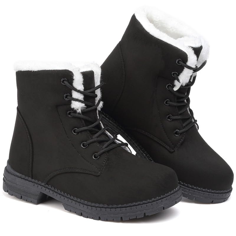 Snow Boots Womens Winter Boots Walking Boots Cotton Warm Fur Lined Snow Shoes Ankle Boots Mid Calf Lace Up Suede Boots Casual Non-Slip Lightweight Outdoor Ladies Booties
