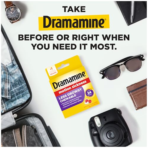 Image of Dramamine Motion Sickness Less Drowsy, Chewables for Nausea Relief During Travel, Raspberry Cream Flavor, 12 Count, Pack of 24
