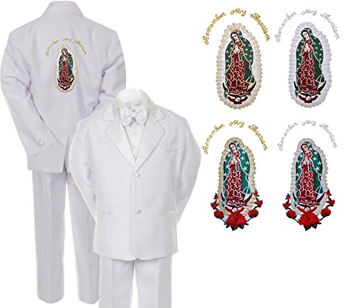 Unotux Baby Boy Christening Baptism Formal White Shawl Lapel Suit Guadalupe Stole Sm-7 (4T, 5pc suit set only)