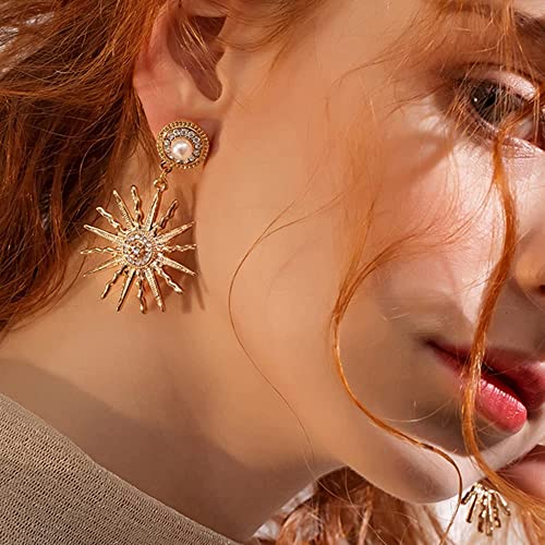 Bohemian Sun Drop Earrings Vintage Star Gold Hexagram Celestial Dangle Sunflower Pearl Studs Chunky Gold Sunburst Statement Wedding Jewelry Gift for Women2