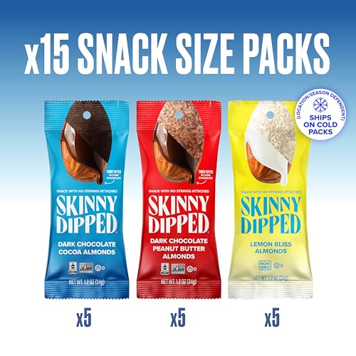 Image of SkinnyDipped Snack Attack Almond Variety Pack, 1.2oz Bags | 15 Pack | Crunchy Whole Almonds Thinly Dipped in Chocolate | Gluten Free | Plant Protein Snack Packs