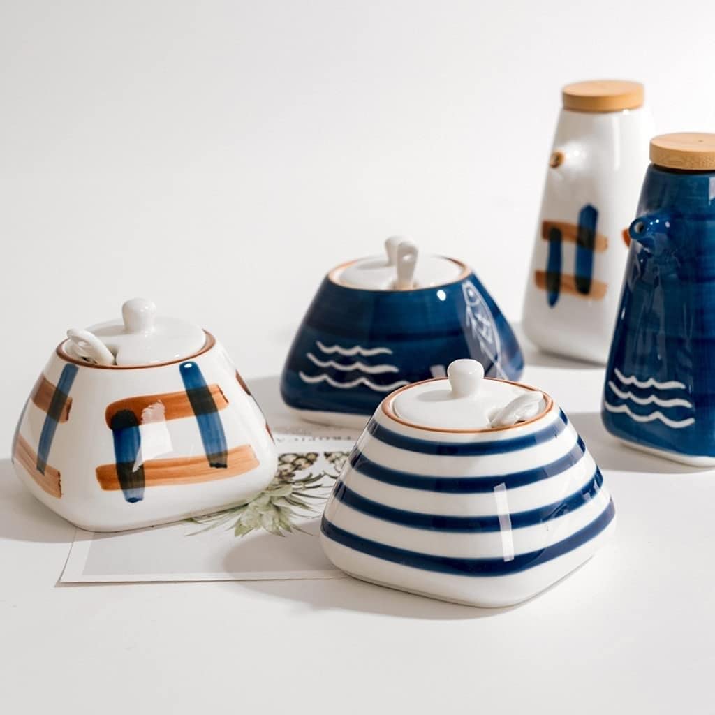 Pots à Épices Assaisonnement Box Set Ensemble De Récipients À Condiments En Céramique, Ensemble De Réservoirs À Sucre, Sucrier Avec Couvercle, Pot D'assaisonnement Domestique, Assaisonnement De Cuisin