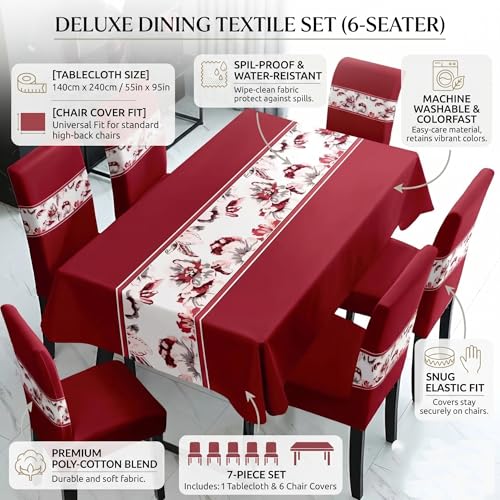 Image of Styleys Dining Chair Cover with Table Covers for Kitchen Waterproof Dining Table Cloth (1 Table Cover + 6 Chair Cover, Floral Wine, K722)