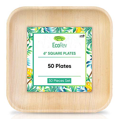 Eco Rev Palm Leaf Plates - Like Bamboo Plates Disposable Appetizer & Dessert Plates Set - 50 6â€ Square Plates - 100% Compostable Biodegradable Eco Friendly Plates (6Inch - 50 Plates)
