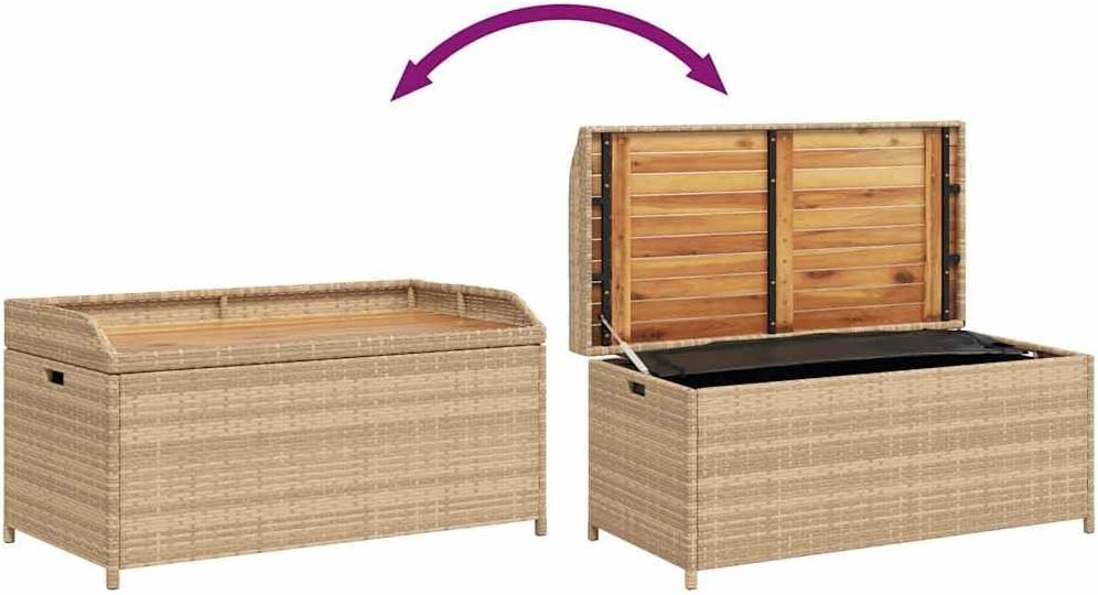 vidaXL Patio Storage Bench, Bench Seat with Gas Spring Lid, Outdoor Storage Box for Cushion Towel, Mix Beige Poly Rattan and Acacia Wood
