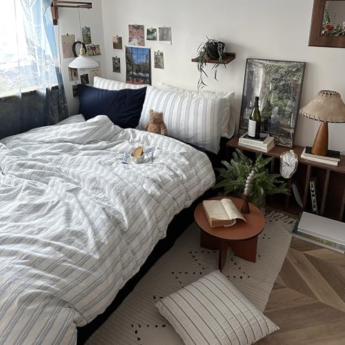 mixinni Vintage Blue & White Striped Duvet Cover Set - 3 Piece 100% Washed Cotton Queen Size Bedding | Minimalist Relaxed Style | Ultra Soft Breathable, with Zipper Closure & Corner Ties-Queen Size by mixinni - Used condition - Image 9