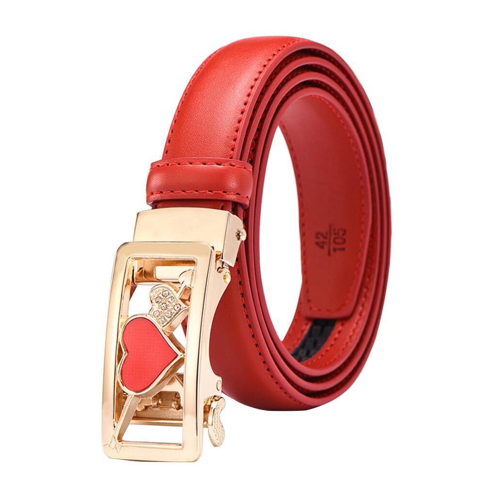 Beito Women's Red Belt Ratchet Leather Slide Belts For Jeans With Heart Automatic Buckle