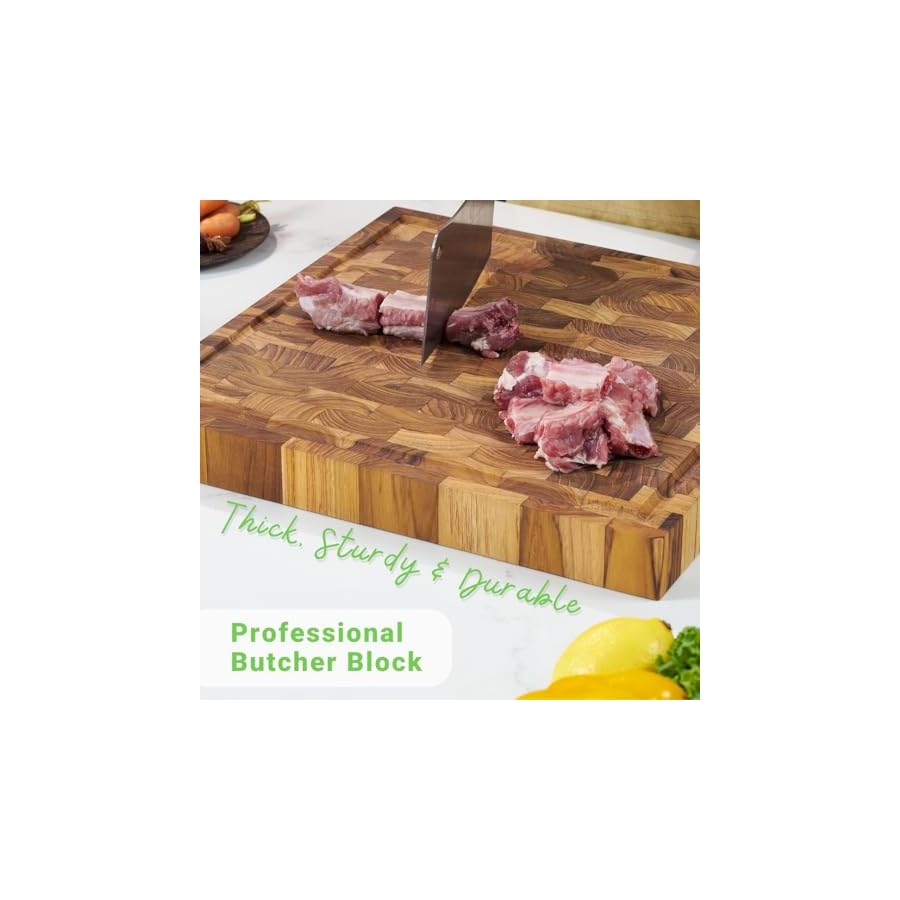 VIETGREEN Durable Teak wood End Grain Cutting Board Sturdy Reversible Teakwood Chopping Board Non-slip Natural Pre-oiled Cutting Board Gifts Sustainable Wooden Carving Board for Kitchen