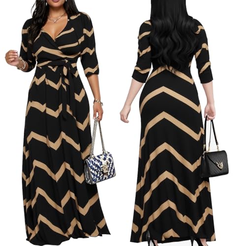 Image of Women's Church Maxi Wrap V Neck 3 /4 Sleeve Tie Waist Plus Size Long Dress | Flattering wrap V-neck design enhances curves. High elastic tie waist accentuates the slimmest part, hides tummy.