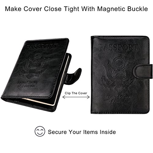 Image of WALNEW Passport Holder for Travel, RFID Passport Cover Wallet for Women Men, PU Leather Passport Book Card Holder Case with Pen (Buckle Closure, Buckle-Black)
