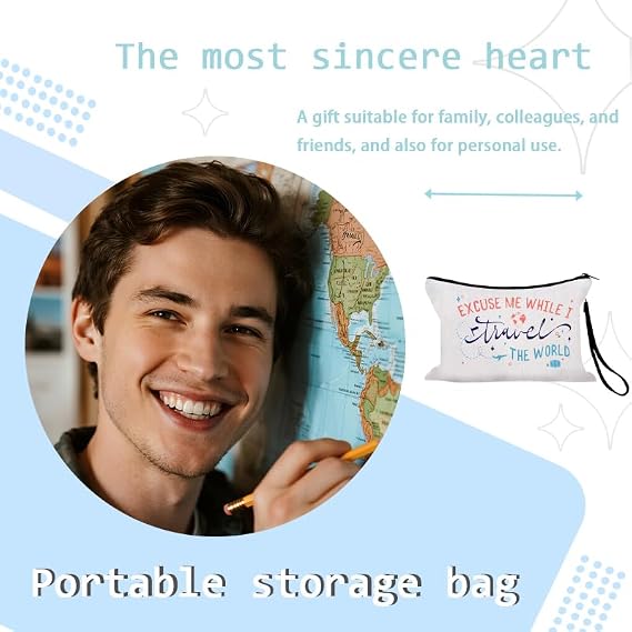 Sisadodo World Travel Makeup Storage Bag for Holiday Trip Excuse Me While I Travel The World Print Funny Cosmetic Pouch for Teen Girl Portable Toiletry Organiser Bag for Women Men with Anti Loss Strap