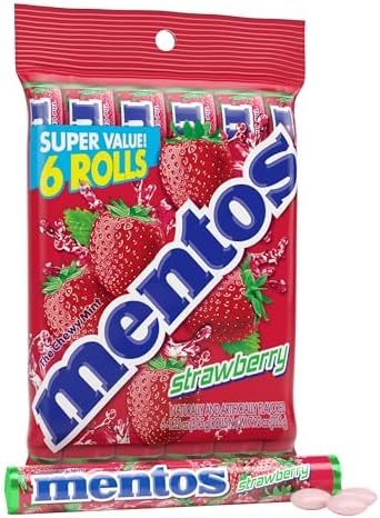 Mentos Chewy Mint Candy Roll, Strawberry, 14 Pieces Per Roll, 6 Count Pack