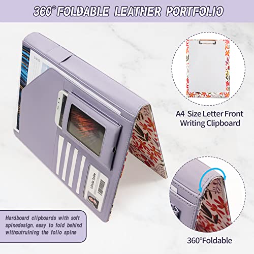 Padfolio For Women Pu Leather Portfolio Cute Binder Foldable Recipe Clipboard Purple Phone Pocket #TOP1